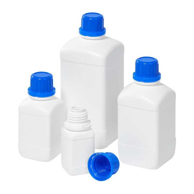 Square bottle white PE-HD 100 ml, blue lid